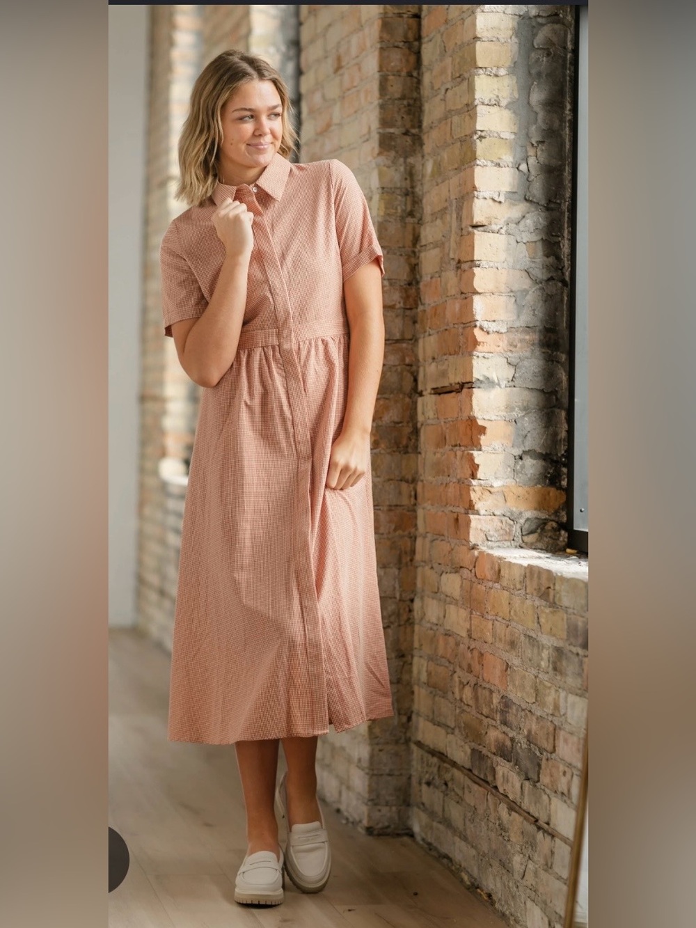 THINGS BETWEEN Women Rust Checkered Collared Button Front Midi Dress Small